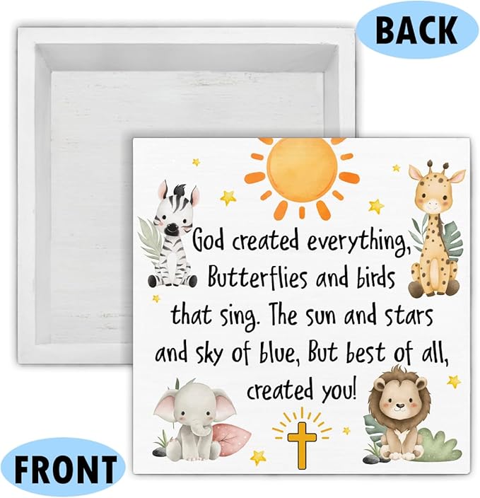 Baptism Gifts for Boy Girl - Christening Gifts for Girls Boys - Nursery Decor - God Crearted Everything Wood Sign Home Nursery Desk Table Shelf Baptism Decorations 5×5 Inches