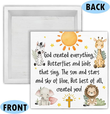 Baptism Gifts for Boy Girl - Christening Gifts for Girls Boys - Nursery Decor - God Crearted Everything Wood Sign Home Nursery Desk Table Shelf Baptism Decorations 5×5 Inches