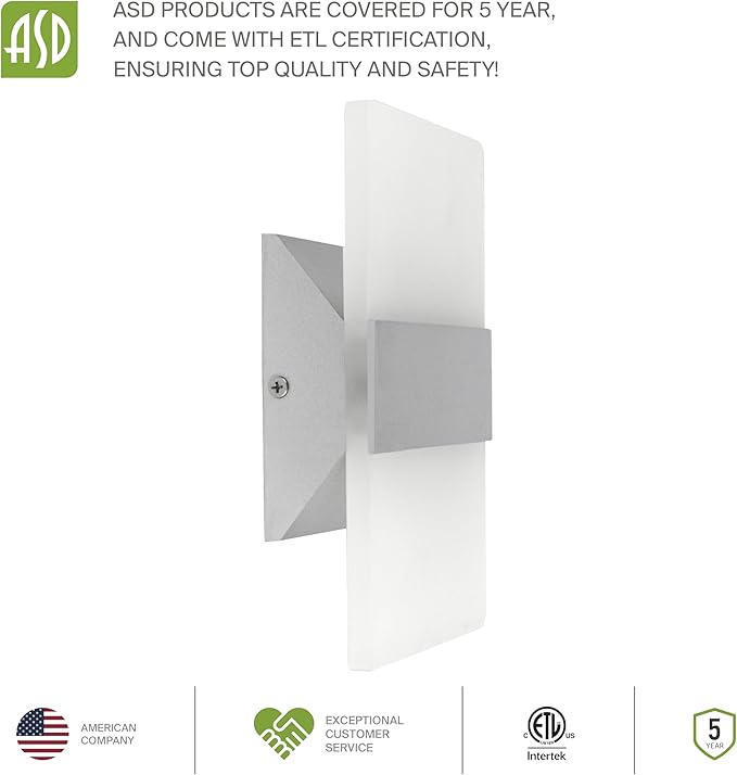 ASD LED Indoor Wall Mount Light Fixture - 8 Inch 10W Modern Interior Brushed Nickel Dimmable Wall Sconce Light - ETL 2700K-5000K Adjustable - Hallway, Bedroom LED Wall Lights