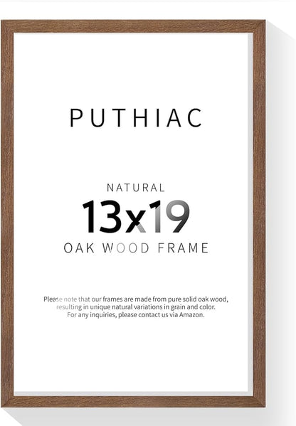 puthiac 13x19 Solid Oak Wood Picture Frame, Fits 11x17 with Mat or 13x19 Without Mat, Wall Display Only, Vertical or Horizontal, Plexi Front, 1 Pack, Walnut