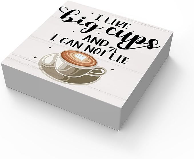 Funny Coffee Decor, Coffee Table Decor, Coffee Sign Decor, Wood Box Sign Block Coffee Table Decorations for Coffee Bar Home Office Shelf Decor 5 x 5 Inch, White