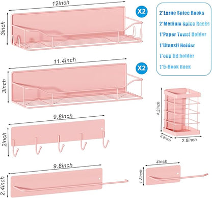 Magnetic Spice Rack for Refrigerator,8 Pack Magnetic Fridge Shelf, Moveable Spice Organizer with Hook Rack, Paper Towel Holder, Utensil Holder,cup lid holder, Super Magnetic Rack Set (Pink)