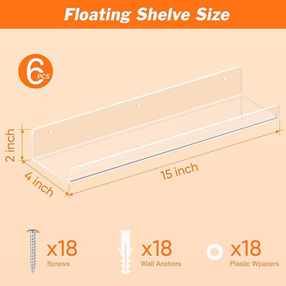 6 Pack Floating Shelves for Wall, 15" Clear Book Shelf, Acrylic Floating Wall Shelf, Display Shelves Organizer for Bathroom, Classroom, Bedroom, Living Room, Kitchen, Room Decor