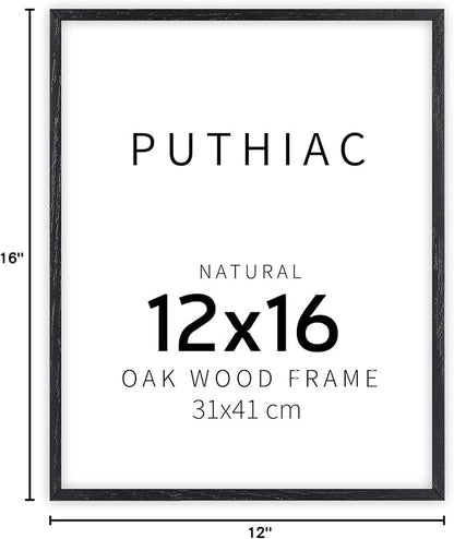 puthiac 12x16 Solid Oak Wood Picture Frame, Fits 8x12 with Mat or 12x16 Without Mat, Wall Display Only, Vertical or Horizontal, Plexi Front, 1 Pack, Black