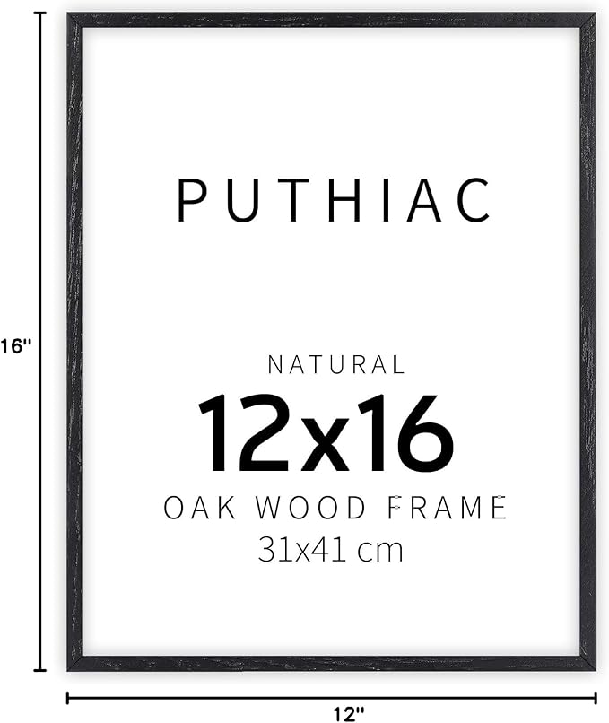 puthiac 12x16 Solid Oak Wood Picture Frame, Fits 8x12 with Mat or 12x16 Without Mat, Wall Display Only, Vertical or Horizontal, Plexi Front, 1 Pack, Black