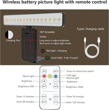 Picture Light Battery Operated with Remote, LED Painting Light for Art with 3 Lighting Colors & Dimmable, LED Art Display Accent Light on Wall for Pictures Dartboard Photo Frame Portrait