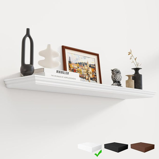 Fun Memories Floating Shelves 40 Inch Long, 9.3 Inch Deep Classic Crown Molding Floating Shelves for Wall, Rustic Wooden Shelves for Wall Decor Bathroom, Kitchen, Office, (White, 1Pack)