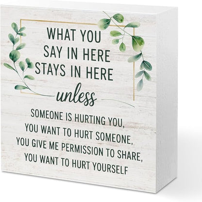 Mental Health Wood Box Sign, Inspirational Wooden Box Sign Therapy Office Decor, Inspirational Counselor Desk Decorative Signs, What You Say In Here Stays in Here Sign Gifts for Coworkers Therapist