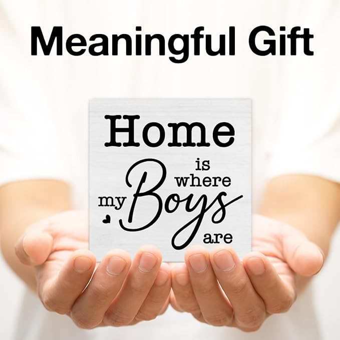 New Mom Gifts Rustic Family Decor Home Is Where My Boys Are Wooden Sign Family Decorations for Home Living Room Bedroom Desk Shelf Table 5 x 5 Inches