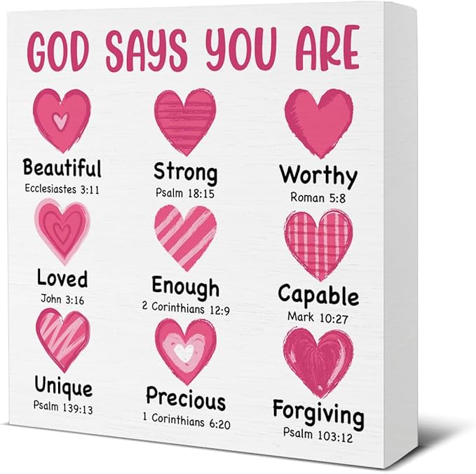 Valentines Day Decor - Valentines Decor - Christian Desk Sign - God Says You Are Loved Bible Verse Wood Sign Home Living Room Bedroom Desk Shelf Table Tabletop Decorations 5×5 Inches