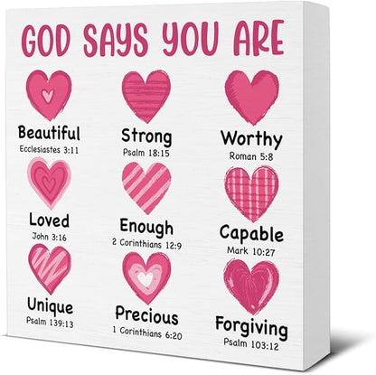 Valentines Day Decor - Valentines Decor - Christian Desk Sign - God Says You Are Loved Bible Verse Wood Sign Home Living Room Bedroom Desk Shelf Table Tabletop Decorations 5×5 Inches