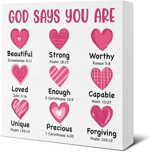 Valentines Day Decor - Valentines Decor - Christian Desk Sign - God Says You Are Loved Bible Verse Wood Sign Home Living Room Bedroom Desk Shelf Table Tabletop Decorations 5×5 Inches
