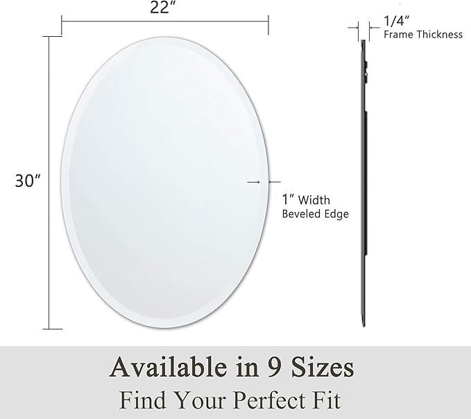 VocalStar Frameless Oval Mirror, 22" x 30" Bathroom Wall Mirror with Beveled Edge, Modern Decorative Vanity Mirrored for Living Room, Entryway, Bedroom | 1/4-Inch Shatterproof Glass