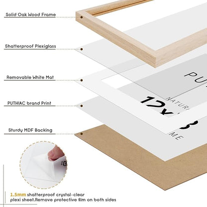 puthiac 12x18 Solid Oak Wood Picture Frame, Fits 8x12 with Mat or 12x18 Without Mat, Wall Display Only, Vertical or Horizontal, Plexi Front, 3 Pack, Natural Oak