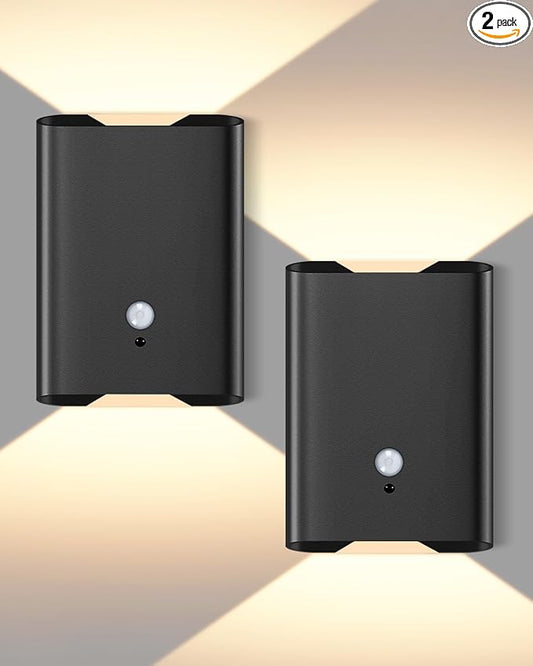 Motion Sensor Wireless Wall Sconce Set of 2 - Battery Operated Wall Light with Timer&Remote Control, 3 Color Temp & Brightness Adjustable 6000mAh Rechargeable for Stairs Bedroom Living Room, Black