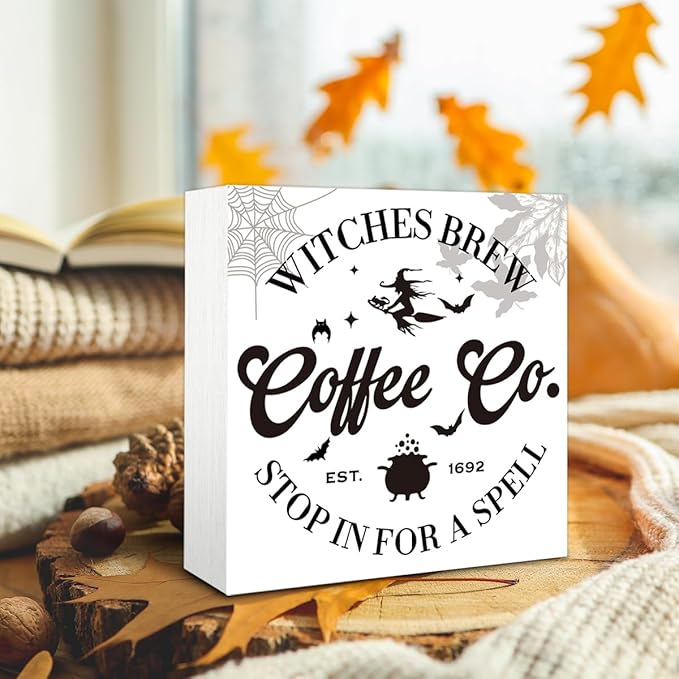 Halloween Coffee Bar Decor, Rustic Box Sign Tabletop, Coffee Bar Decor, Halloween Home Decoration, Farmhouse Decoration for Shelf 5 * 5inch
