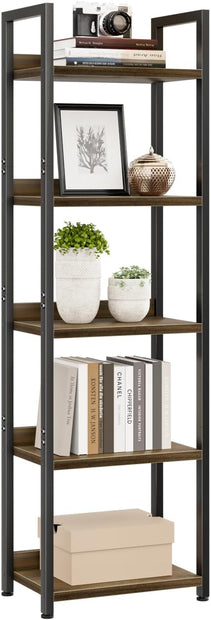 NUMENN Narrow Bookshelf, 5 Tier Bookshelves, Home Office Bookcase Shelf Storage Organizer, Free Standing Storage Shelving Unit for Bedroom, Living Room and Home Office, Dark Walnut