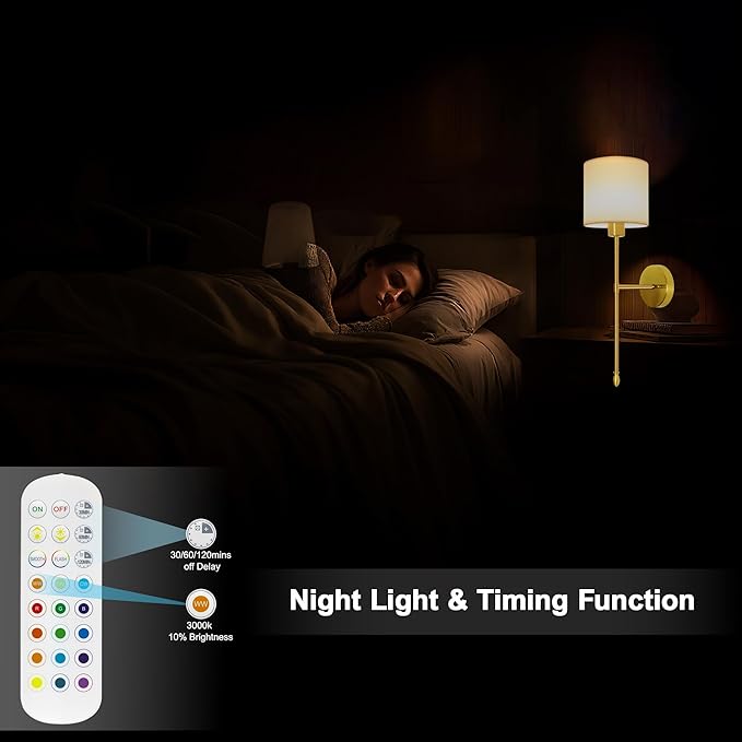 Battery Operated Wall Sconce Set of Two, 15 Colors Rechargeable Wall Lamp with Dimmable Bulbs and Remote, Gold Wireless Wall Sconce for Bedroom Living Room Hallway
