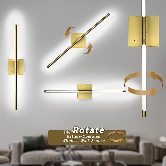 Battery Operated Wall Sconce Set of 2 Rechargeable Wireless Cordless 12000ma 360° Rotation Large Wall Lights lamp Modern Decor Linear Long Metal Gold 28