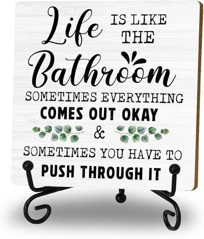 Funny Bathroom Shelf Decor, Life Is Like The Bathroom Signs Decors For Shelves, Small Toilet Restroom Accessories, Shelf Counter Decorations, Wood Plaque With Iron Stand Home Decor Gifts for Women