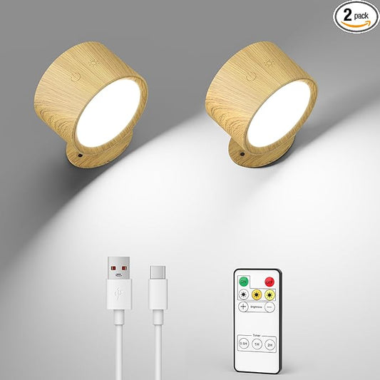LED Wall Mounted Lights 2 Pcs with Remote, Rechargeable Wall Sconce with 3 Color Temps & Dimmable Magnetic 360° Rotation Cordless Light for Bedroom Reading Bedside (Wood, 2 Pack)