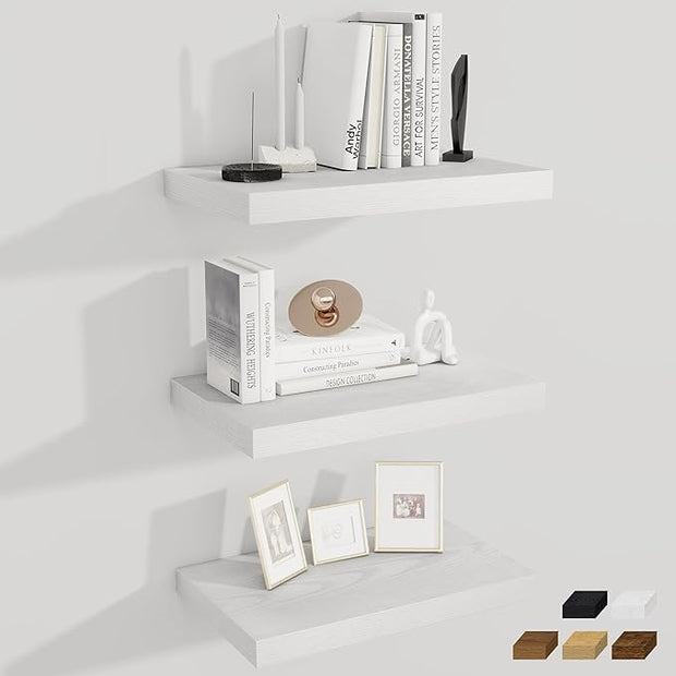 Fun Memories 12 Inch Deep Floating Shelves for Wall, 20 Inch Long Wall Mounted Storage Shelf with Invisible Brackets, 3 Pack Hanging Wood Shelf for Farmhouse, Bedroom, Kitchen, Living Room, White