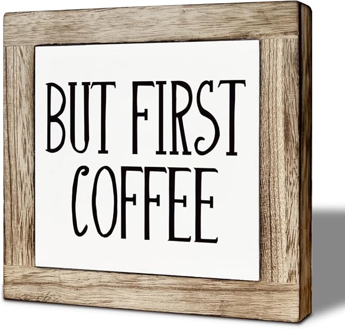 But First Coffee Wood Sign, Farmhouse Cafe Wooden Box Decor, Rustic Wooden Table Top Decoration, Coffee Bar Table Decoration Gift, Office Desk Sign 5.9X5.9 Inches