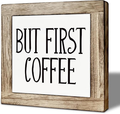 But First Coffee Wood Sign, Farmhouse Cafe Wooden Box Decor, Rustic Wooden Table Top Decoration, Coffee Bar Table Decoration Gift, Office Desk Sign 5.9X5.9 Inches