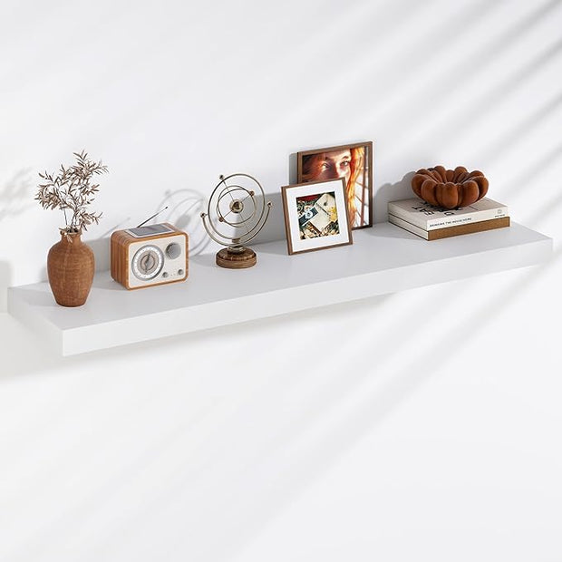 Fun Memories Floating Shelves, 9.3 Inch Deep Solid Pine Wood Wall Shelves for Storage, Rustic Wall Mounted Display Shelf with Invisible Heavy-Duty Metal Bracket, 48 Inch Width, White