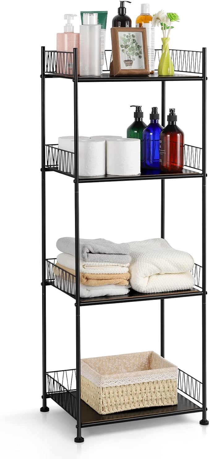 OYEAL Bathroom Shelves Freestanding Bathroom Towel Storage 4 Tier Wire Shelving Unit Bathroom Standing Shelf Floor Organizer for Pantry Kitchen Laundry Room Organization, Black