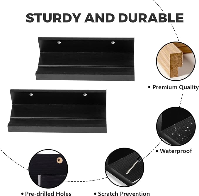 Muzilife 12" Small Floating Wall Ledge Shelves with Lip - Set of 2 Wood Floating Shelves - Black Wall Mounted Picture Ledge for Office, Bathroom, Bedroom, Living Room, Kitchen