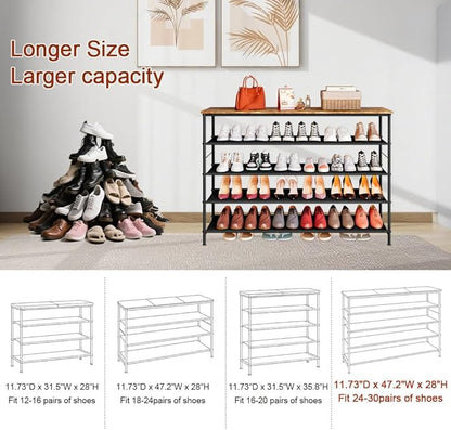 Shoe Rack Organizer 5 Tier Metal Organizer Shelf with Industrial MDF Board and Layer Fabric for Entryway Closet Bedroom Living Room Garage (Black+Rustic Brown, 5 Tier(47.2" W))