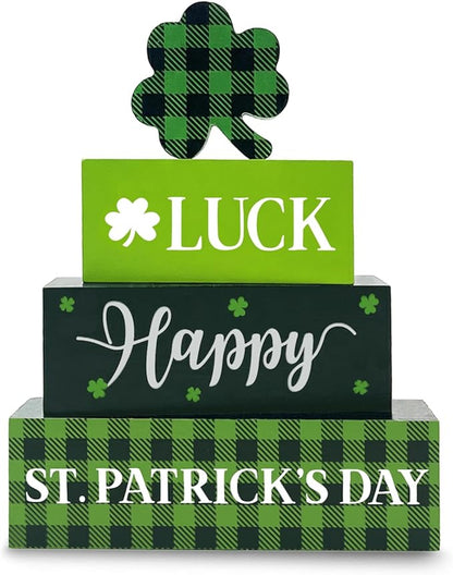 St. Patrick's Day Decorations, 4 Pcs Wooden St. Patrick's Day Table Decorations, Shamrock Tiered Tray Decor, Wooden Table Sign for Desk Shelf Mantel Centerpiece, Indoor Home Decor