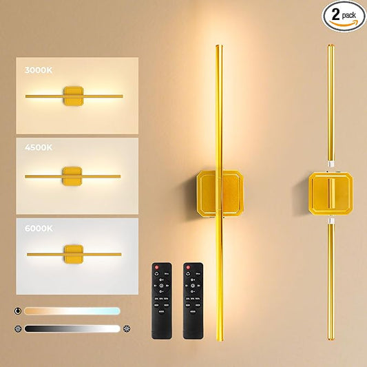 Battery Operated Wall Sconces Set of 2, Wall Lamps Detachable 360°Rotate, 3000-6500K Dimmable with Remote Control, 10000mAh Rechargeable Wall Lights for Bedroom, Living Room 28.3" Gold