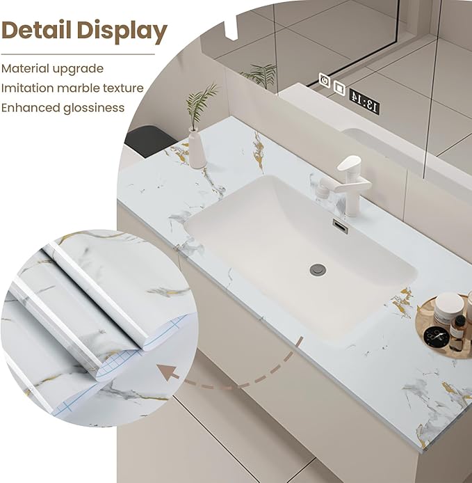 practicalWs Glossy Marble Wallpaper Peel and Stick White/Gold Granite Contact Paper Removable Wall Paper for Kitchen Countertop Cabinet Furniture 11.8