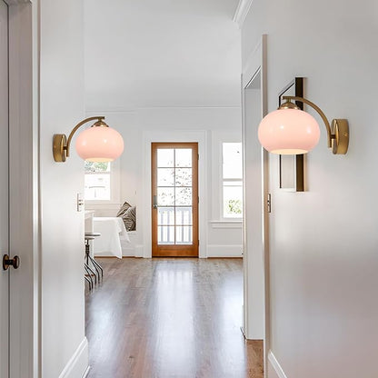 Mid Century Modern Wall Sconce Light Fixture Pink Glass Wall Sconce Lamp Brass Gold Wall Lighting Hardwired Globe Wall Lamp Vintage Bathroom Vanity Light Fixtures