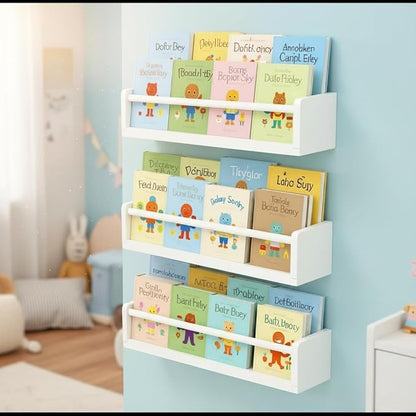 White Nursery Floating Shelves Set of 3– Wall Mounted Kids Bookshelf & Toy Organizer – 16 Inch Rustic Pine Hanging Display Book Shelves for Bedroom, Playroom, and Baby Decor
