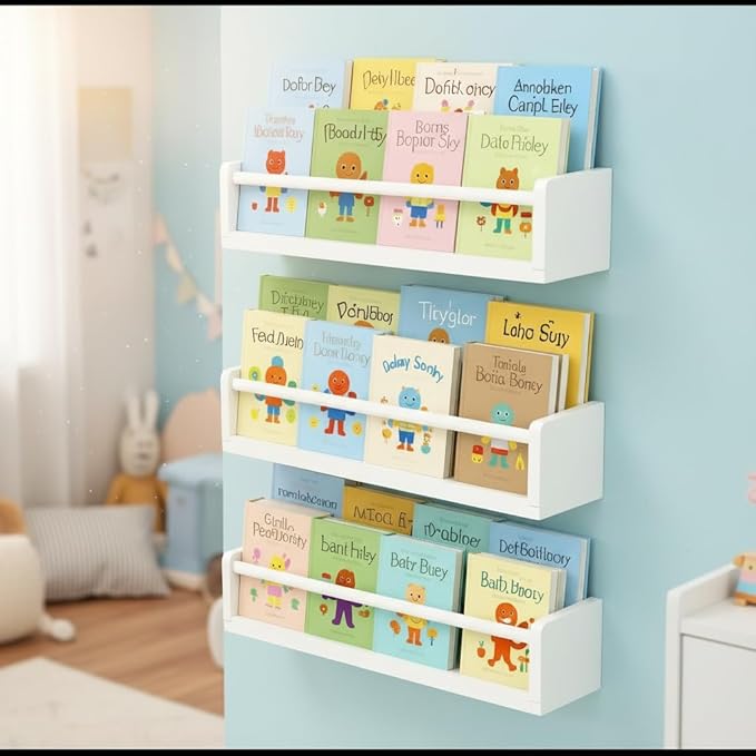 White Nursery Floating Shelves Set of 3– Wall Mounted Kids Bookshelf & Toy Organizer – 16 Inch Rustic Pine Hanging Display Book Shelves for Bedroom, Playroom, and Baby Decor