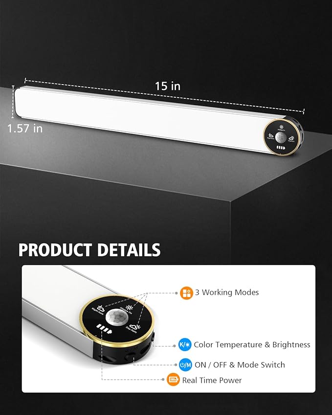 Motion Sensor Under Cabinet Lighting, 3-Color Dimmable, 84 LED 15 Inch Wireless Closet Lighting, Rechargeable 3200mAh Battery, Digital Display, Perfect for Kitchen & Indoor Use (4-Pack)