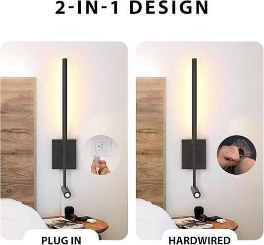 Modern Plug in Wall Sconce Indoor Wall Light Set of two for Bed, Corded Minimalist Bedside Linear Wall Sconce With Switch, Adjustable Black Wall Mount lamp for Living Room Bedroom Hallway Reading etc
