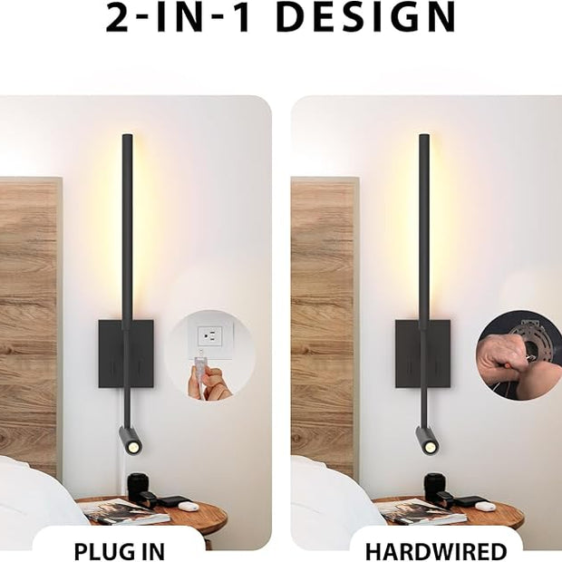 Modern Plug in Wall Sconce Indoor Wall Light Set of two for Bed, Corded Minimalist Bedside Linear Wall Sconce With Switch, Adjustable Black Wall Mount lamp for Living Room Bedroom Hallway Reading etc