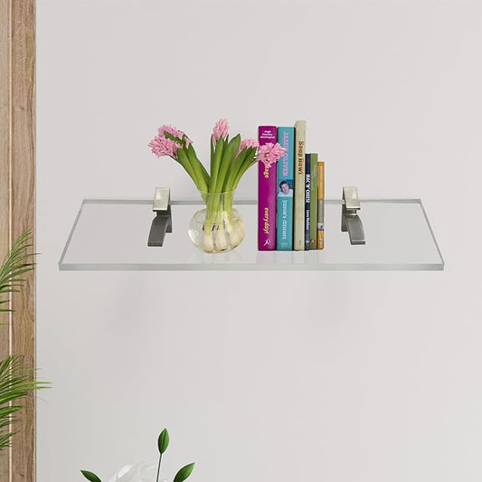 Clear Acrylic Shelves 14.5 inches, 3/4" Thick Transparent Wall Mounted Floating Shelves for Bedroom, Living Room, Bathroom, Kitchen -‎ with Screws and Brushed Nickel Finish Brackets, Pack of 2