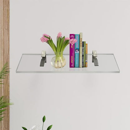 Clear Acrylic Shelf 6" W x 18" L, 3/4" Thick Floating Shelves for Wall, Bathroom, Bookshelf, Shower, Bedroom, Living Room, Office ‎Easy Installation with Screws and Brushed Nickel Brackets