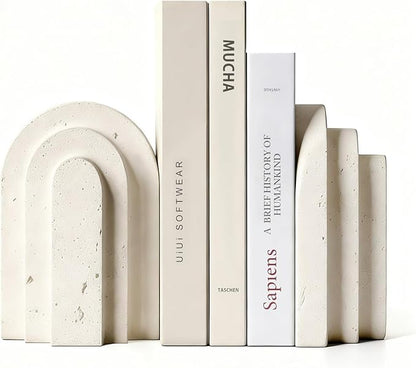 Book Ends for Heavy Books, Beige Modern Pleasing Layered Arch Design Aesthetic Bookend Decorative, Concrete Book Ends to Hold Books Heavy Duty for Bookshelf Decor, Home Decor, Office Decor