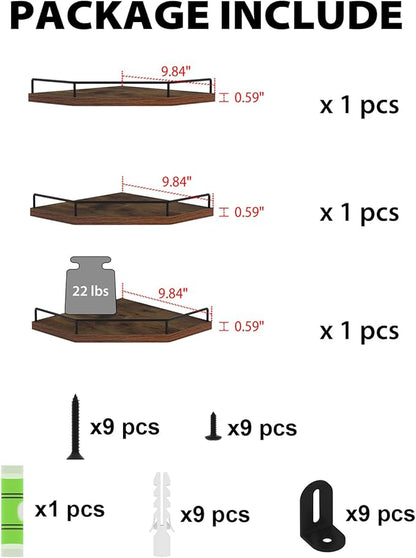 HORLIMER Floating Corner Shelf Wall Mount, 3 Pack Rustic Wood Corner Wall Shelves with Fence for Bedroom, Bathroom, Kitchen, Living Room, Brown