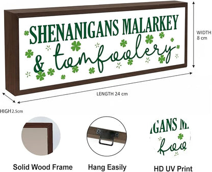 Shenanigans Malarkey & Tomfoolery Sign, Funny St Patricks Day Sign, Lucky Clover Decor Art, St. Patrick's Day Themed Decor for Home Office Party Cafe Shop Coffee Bar Club, 9.5x3.1x1 inches