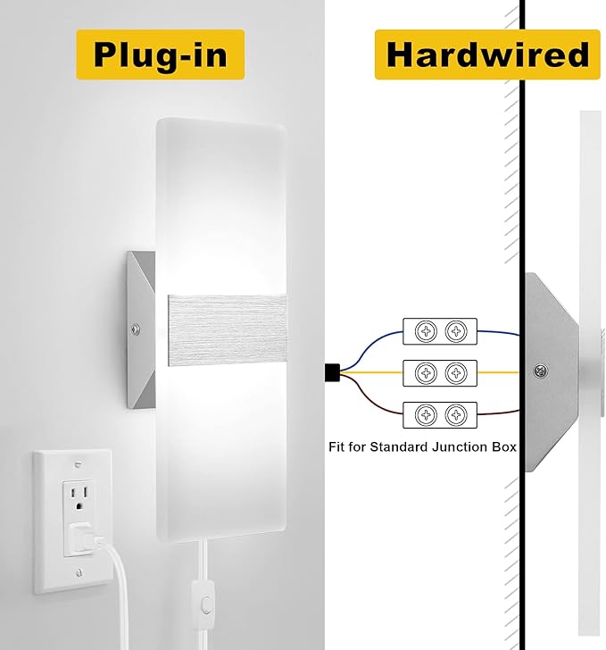 4 Pack Plug in Wall Sconces with Remote Control, Dimmable, Adjustable 3000K-6500K Colors, Silver 12W Acrylic LED Plug in Wall Light, Wall Lamps for Bedroom Living Room Hallway Stair