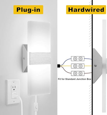 Plug in Wall Sconces with Stepless Adjustable 3000K-6500K Colors and 10%-100% Brightness, Sconces Wall Lighting with Remote Control 12W Acrylic LED Wall Lamp with 6FT Plug in Cord, 2 Pack