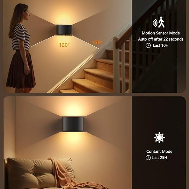 Motion Sensor Rechargeable Wall Lights Wireless Wall Sconces with Remote Control Dimmable Up and Down Wall Lamp Battery Powered Led Wall Mounted Light for Living Room Bedrooms 2 Pack