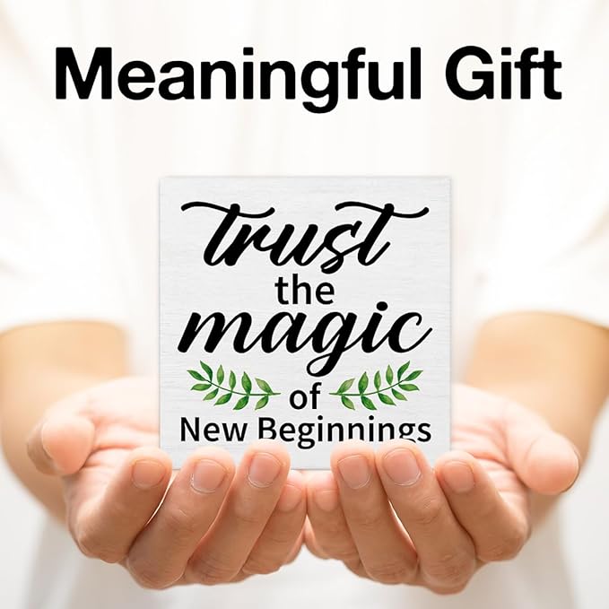 Inspirational Desk Decor New Beginnings Gift for Women Men, Rustic Trust the Magic of New Beginnings Wooden Sign Decorations for Home Office Desk Shelf Table 5 x 5 Inches